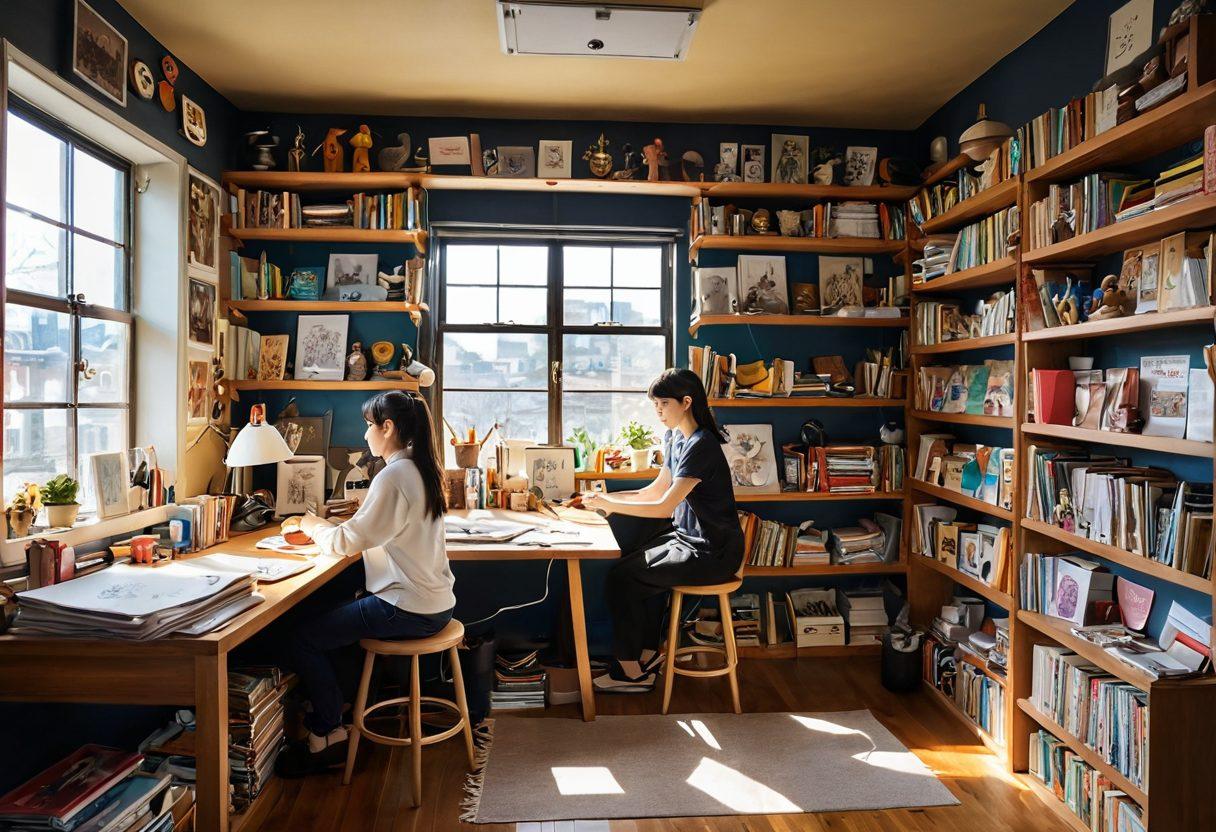 A whimsical scene showcasing an artist in a cozy, sunlit studio, surrounded by vibrant illustrations of characters from hentai manga. The walls are adorned with sketches, and a large drawing board captures the artist's creative energy. In the background, shelves are filled with manga books and colorful art supplies. The atmosphere is lively and inspiring, inviting viewers to explore the fusion of art and storytelling. super-realistic. vibrant colors. cozy atmosphere.