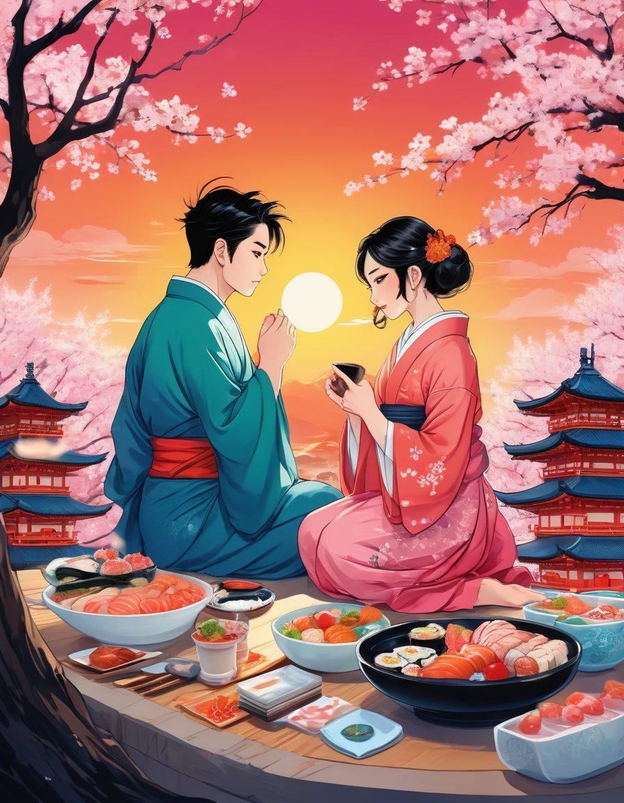 A vibrant and dynamic illustration featuring a fusion of traditional manga art style with modern adult themes, showcasing colorful characters engaged in playful interactions. Include elements of fantasy, such as whimsical backgrounds and exaggerated expressions, merging the worlds of art and adult entertainment. Add visual symbols of Japanese culture like cherry blossoms and sushi to reinforce the theme. Incorporate soft lighting and a gradient sunset to evoke a sense of pleasure and warmth. vibrant colors. super-realistic.
